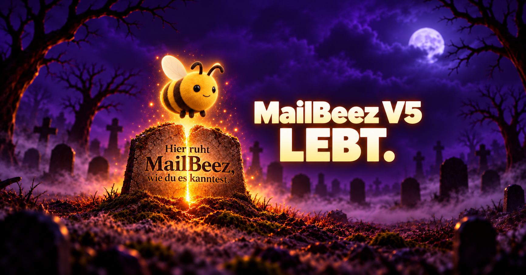 MAIA über einem gespaltenen Grabstein: „Hier ruht MailBeez, wie du es kanntest.“ und „MailBeez V5 LEBT.“